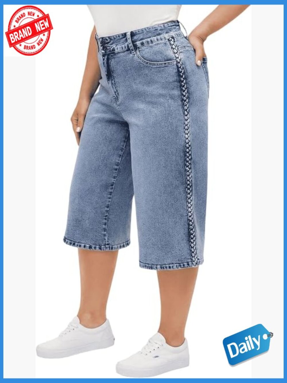 Plus Size Wide Leg Capri Jeans Stretchy High Waisted